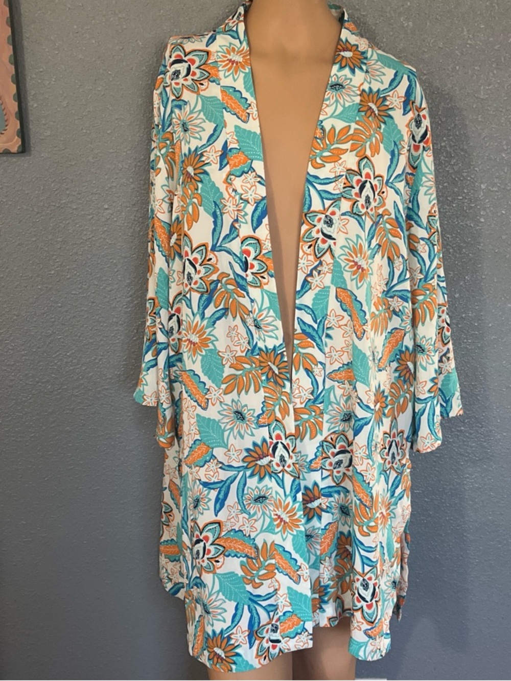 Lightweight Floral Kimono Teal & Orange